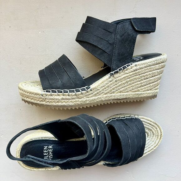 Eileen Fisher Largo Black Suede Espadrille Wedge Strappy Sandal Shoes Women 6.5 - Picture 1 of 16